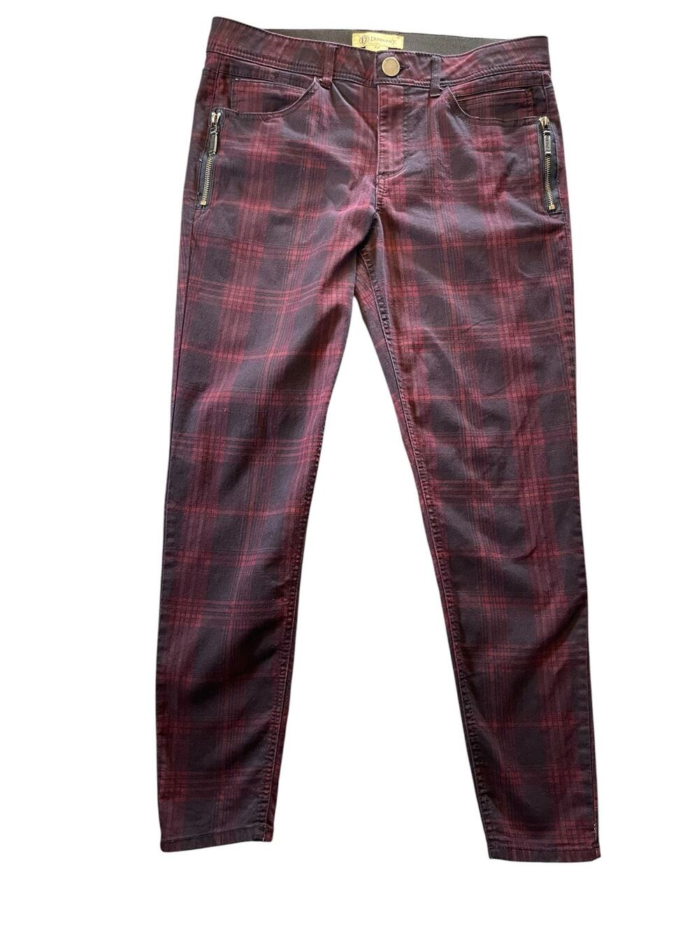 Democracy "Ab"solution Plaid Skinny Pants - Burgundy & Black Tartan, Size 12